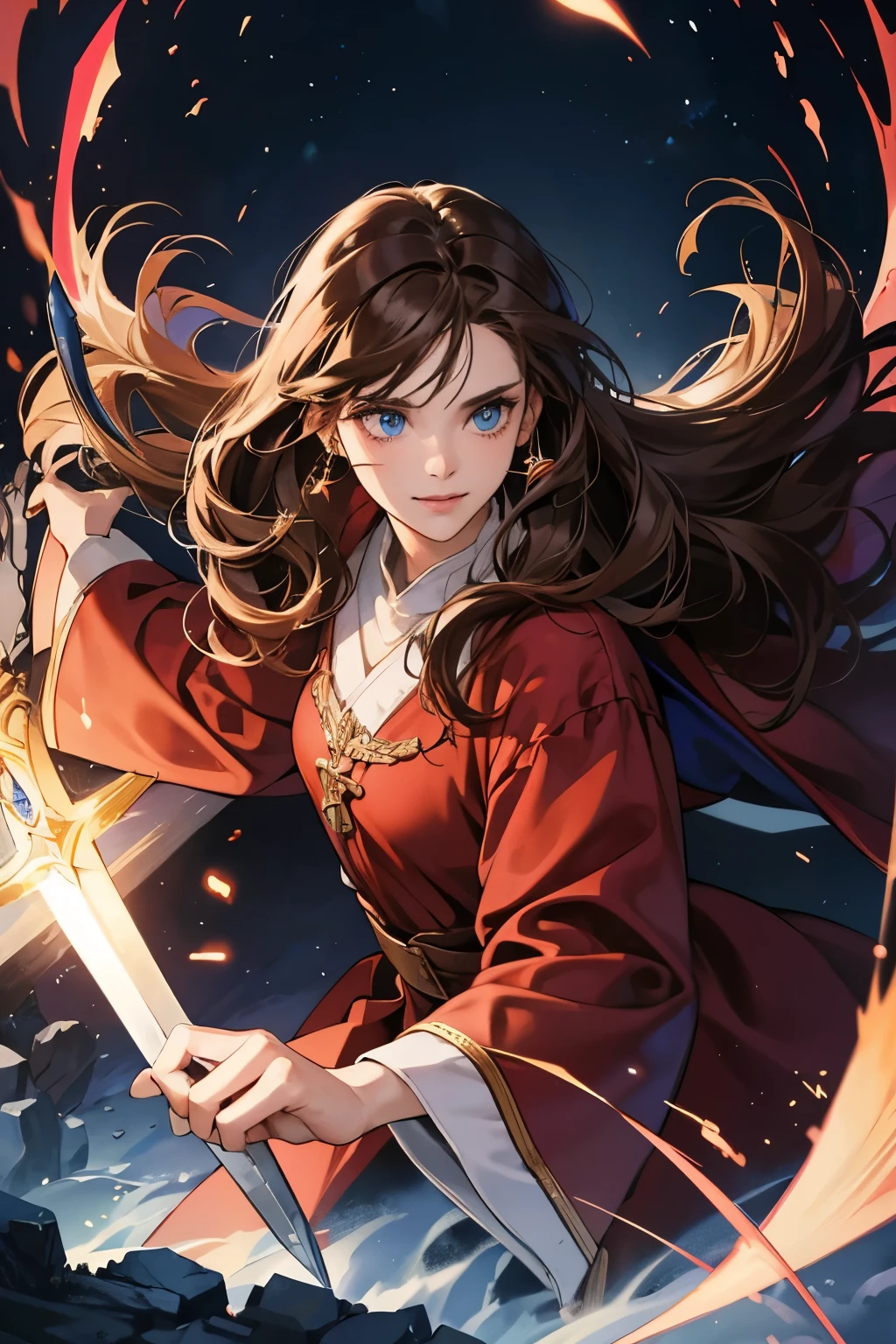 High quality masterpiece, super detailed, super emotion detailed, castle, cold colours dramatic lighting, movie scene, anime style, perfect face, clean eyes, Middle Ages, clean emotions, full body! A young woman with brown curly hair, in red robe, she is smiling, looking at me, with blue eyes, She is a holy knight, she has sword, long hair, she is so cool. super quality, 4K, clean eyes, super quality ever! detailed emotions! dark fantasy!, middle ages!