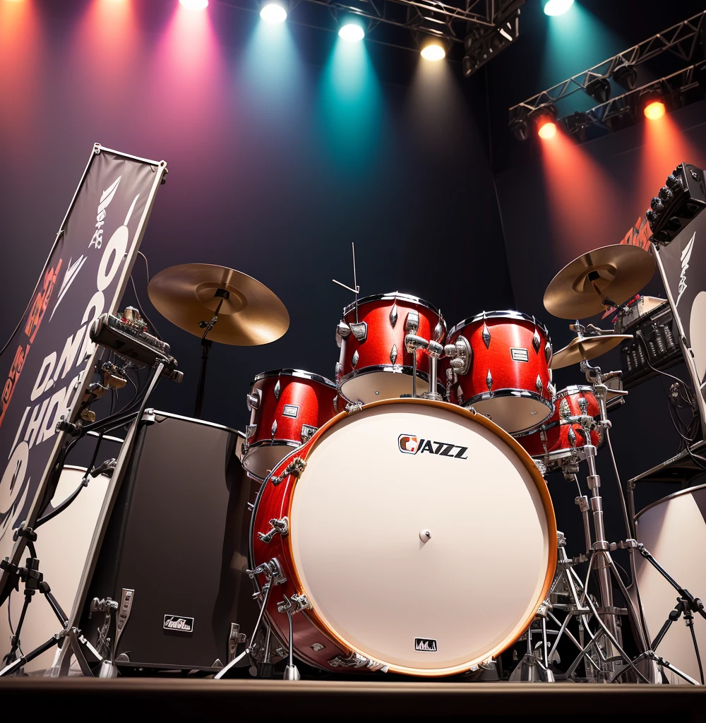 drum set, jazz style, vibrant colors, detailed drumsticks, shiny cymbals, glowing stage lights, energetic drummer, dynamic motion, rhythmic beats, sound vibrations, bass drum thumping, snare drum crackling, high-hat cymbals crashing, drum skins resonating, drumstick twirls, drum pedal action, drumming passion, intense performance, musical rhythm, stage presence, live concert atmosphere, crowd cheering, electric atmosphere, musical talent, drum set centerpiece, professional equipment, drumming expertise