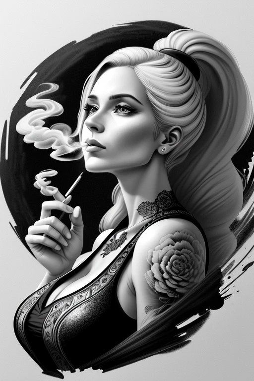 Drawing Made with Charcoal Pencil, 4k, a black and white drawing of a woman smoking a cigarette, by Dave Arredondo, elaborate ink illustration, ink art, highly detailed ink illustration, intricate and bold ink illustration, brush illustration air, highly detailed illustration, detailed ink illustration, full art illustration, highly detailed portrait, stunning detailed art style, commercial illustration, black and white ink style,