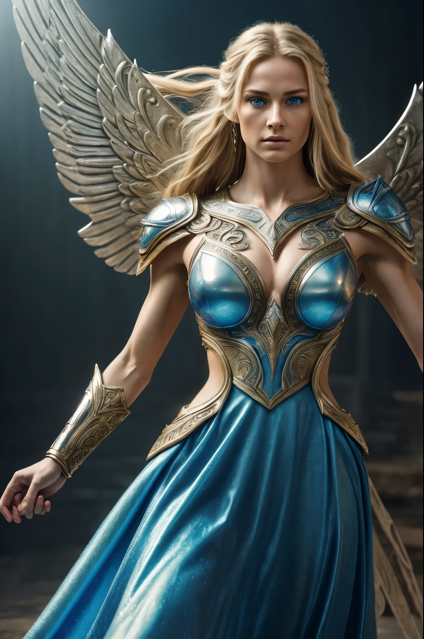 (Realistic: 1.5), beautiful warrior Valkyrie, intricately detailed winged armor, flowing gown with metallic sheen, long blonde hair cascading down her back, piercing blue eyes, fierce expression, limpid gaze, defined features, prominent cheekbones, sculpted physique, muscular frame, anatomically correct, hyper-realistic texture, dramatic lighting, ethereal background with celestial environment, Quality: 16K, HDR, perfect artistry, cinematic masterpiece, life-like rendering, surrealistically captivating, skilled craftsmanship, grand scale, meticulous detailing, painterly aesthetics.
