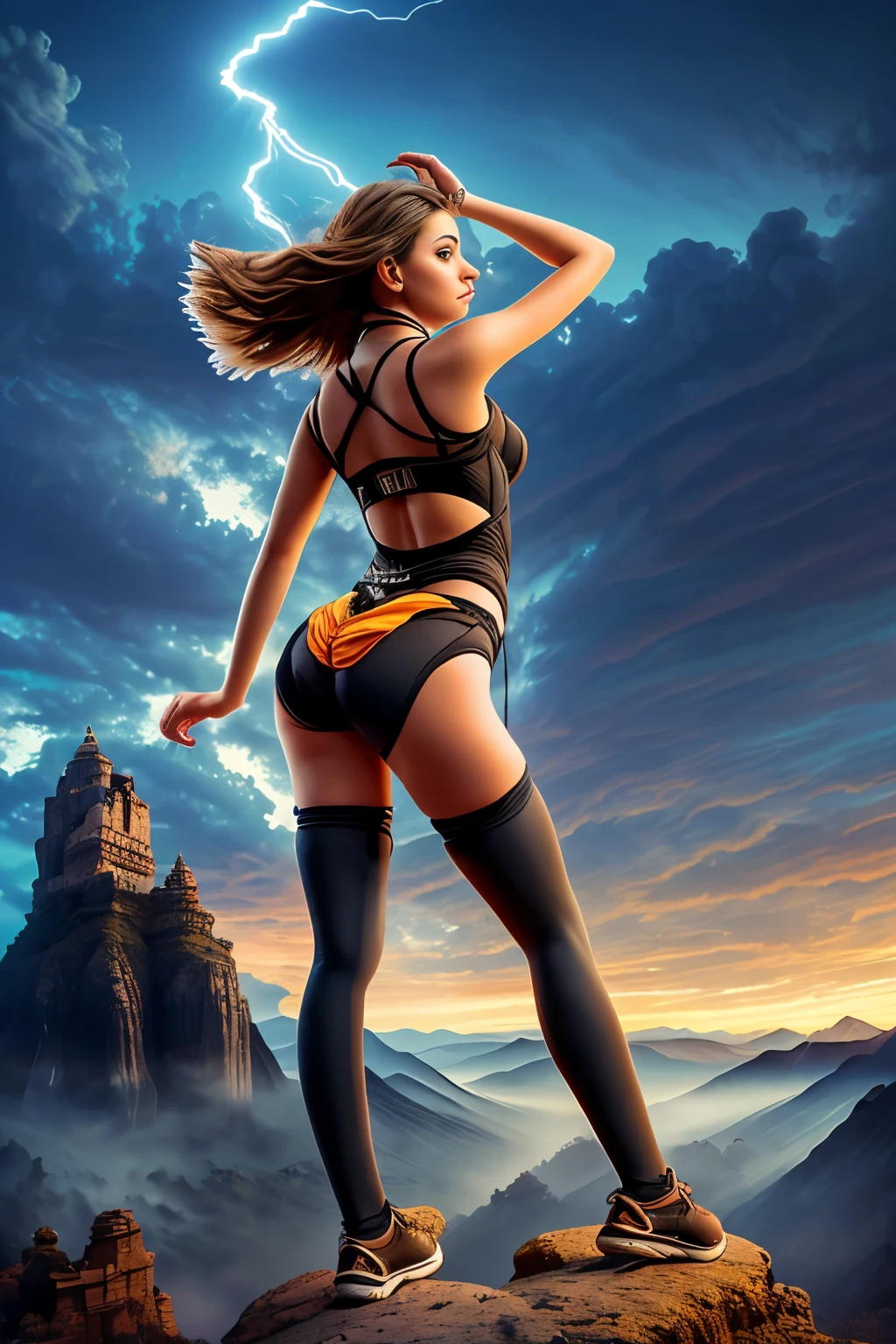 Arte surrealista de una bella mujer que encarna a la diosa del cielo., de pie sobre un antiguo muro de ruinas, her long brown hair with bright golden locks fluttering in the stormy air as the spectacular setting sun paints the sky with red clouds. Dark clouds intertwined with lightning and a gentle drizzle., obra maestra de estilo acuarela con un efecto que crea un cielo tormentoso, transparent swimsuit underwear, antigua ciudad griega borrosa en la distancia, ciudad antigua en la niebla distante, girl in high mountains to see the valley, diosa vestida con joyas de oro, una chica de frente mirando hacia un lado, posa sobre un muro de piedra cubierto de hiedra, se encuentra en un muro de piedra, 8k resolution, arte de alta calidad, pose de una dama en movimiento, elegant, high quality movie poster, overexposure of elements, fractura, Girl in high mountains observing the distant valley.,
