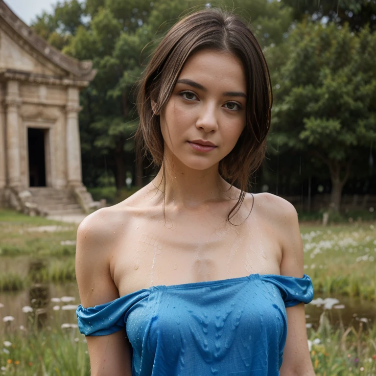 jeune femme de 25 ans, brune aux yeux bleus, en lingerie colorée, summer rain, In a meadow, wet body, silk shirt on the shoulders, porte jarretelle, topless, devant un temple romain en ruine