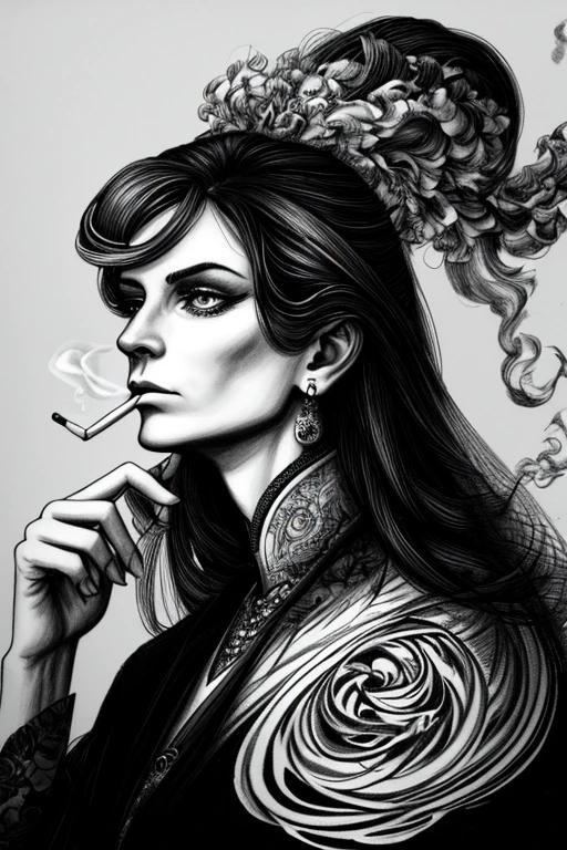 Drawing Made with Charcoal Pencil, 4k, a black and white drawing of a woman smoking a cigarette, by Dave Arredondo, elaborate ink illustration, ink art, highly detailed ink illustration, intricate and bold ink illustration, brush illustration air, highly detailed illustration, detailed ink illustration, full art illustration, highly detailed portrait, stunning detailed art style, commercial illustration, black and white ink style,