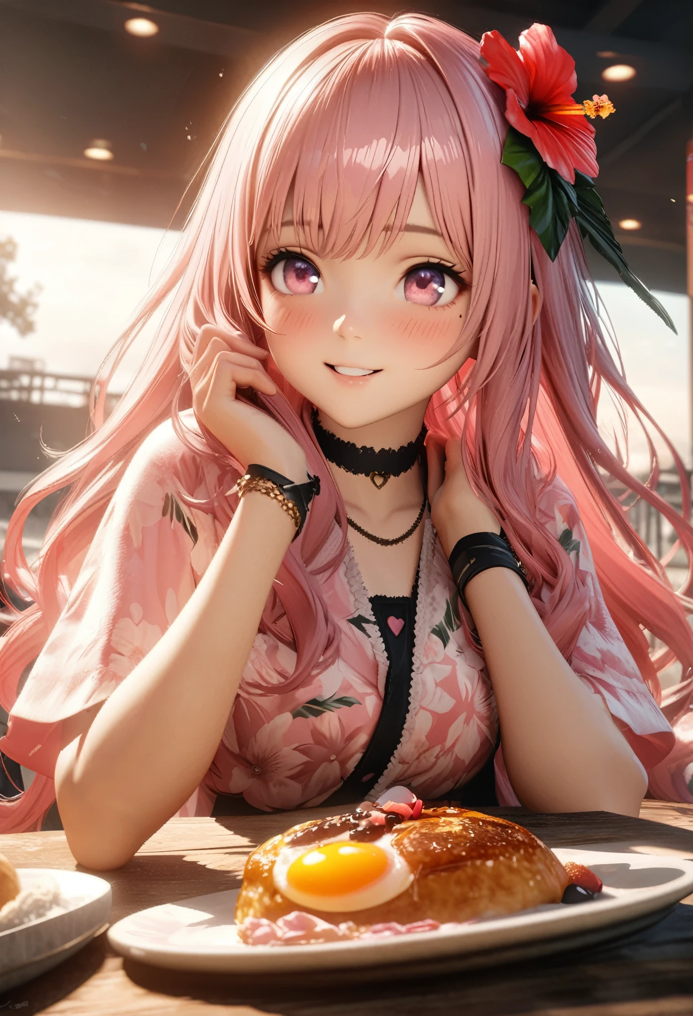 Masterpiece, Best Quality, Super Detailed, High Definition, Expensive Resolution, HDR, 4k, 8K, Unity 8k Wallpaper, Super Detailed CG, Masterpiece, Realistic, 2D, 3D, Beautiful Details, Depth, Fine Texture, Super Fine: 1.3, Complete concentration, crisp skin, him, a very cute anime rabbit, a cute rabbit like an idol, expensive pink long hair, one girl, Hawaiian dress, morning, breakfast, hibiscus hair ornament, smiling long pink hair, whole body, under the eyes mole, line sight, expensive, blush, parted lips, heart, pink eyes, choker