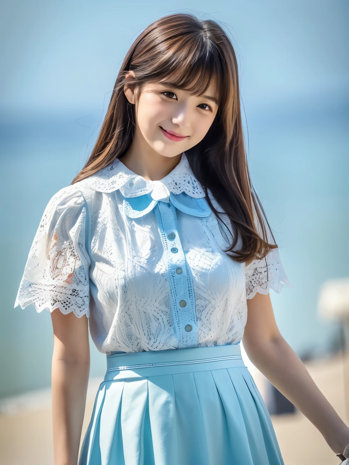 1 girl, Solo, Japanese girl, Cute Girl, 30 years old, Best Quality, Ultra-detailed, 8K, High resolution, gentle eyes, brown hair, long hair, (straight hair), light smile, (((collared blouse, white blouse, puffy, short sleeves, lacy collar, light blue skirt, A-line skirt, long skirt, sandals))), (((whole body))),