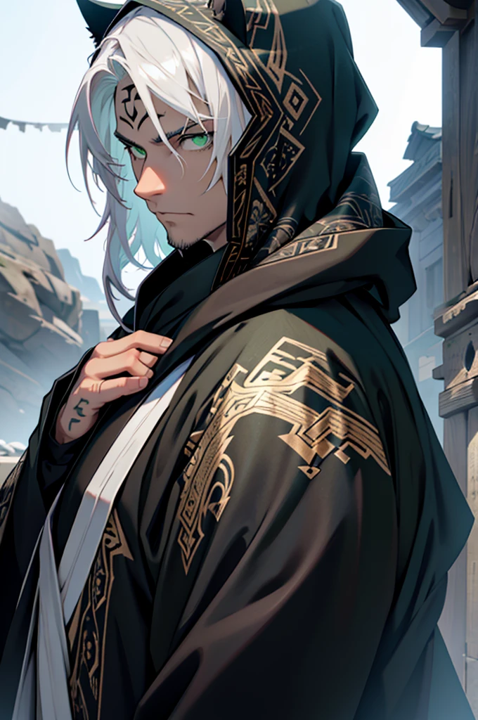 solo, one male, ((green eyes)), white hair in the hood, tall, ominous, wearing edgCultist_hood, from behind, looking back, beautiful face, highest quality, masterpiece, tatoo forehead, 3d, anime, perfect face, highest detail, feline eyes, stubble, detailed face, yukata clothes, intricate details, no background, expressionless, solo,