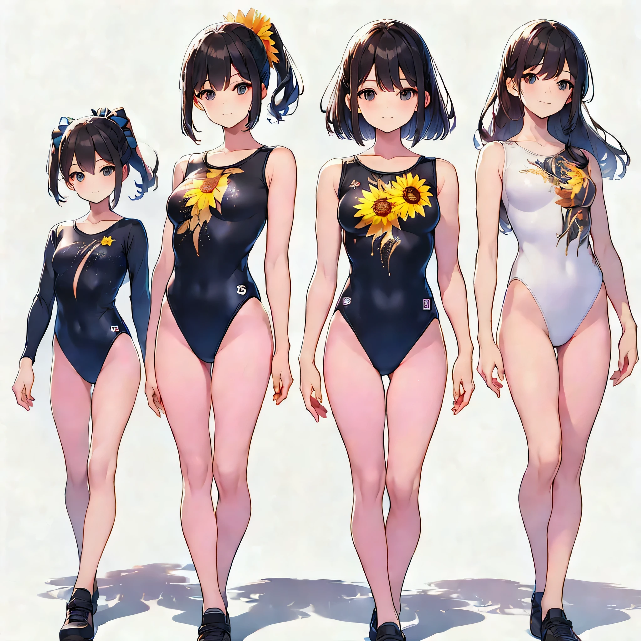 ((full body)),(masterpiece, best quality), (2 girls1.5) ,((Contrapposto:1.5)), looking at viewer, walking,((v_arms:1.2)), (wearing gymnastics_longsleeves_leotard_outfit leotard:1.3),(simple leotard:1.3),(black print leotard:1.3) , (sunflower print:1.3),BREAK masterpiece black hair, ((long hair:1.2)), ((parted bangs:1.3)), black eyes, good hand, ((small breasts)), (over 20 years old, under 25 years old:1.2), , spotlight, happy, smile, BREAK white background