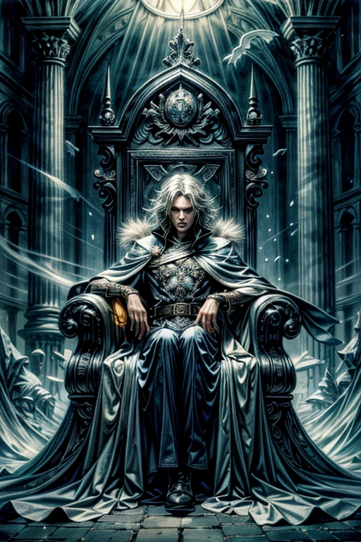 best quality,4k,8k,highres,masterpiece:1.2,ultra-detailed,realistic:1.37,HDR,UHD,ultra-fine painting,sharp focus,wide angle shot,(dynamic pose),more_details:1.5,(A sandman, the God of dreams, inside his dreamlike palace's throne room, in the ethereal realm of dreams, surrounded by the mystical and ghostly dimensions.), (He is manipulating magical dust and spectral plasma, creating illusions that transcend reality.), (His appearance features pale skin and wide, mesmerizing eyes.), more_details, (he is wearing a mantle covered in plumes:1.37), (The artwork is inspired by a sci-fi aesthetic, with a dreamlike atmosphere reminiscent of Yoshitaka Amano's unique style.), (ghostly figures can be seen wandering in the background), (The colors are vivid and surreal, with a focus on mysterious lighting and rich hues.), (The image quality is of the highest standard, with an ultra-detailed and sharp focus to capture every intricate detail.), (The overall result is a masterpiece, showcasing the artist's skill in creating a mesmerizing portrayal of the Sandman and the dream realm.), sci-fi, illusionism