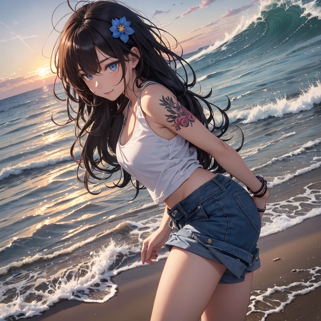 (masterpiece, best quality, ultra detailed, ultra high resolusion, highres,8k:1.4), BREAK,(from side:1.2),full body, 20_years_old, 1giri walking, (the-edge-of-the-waves:1.3), smile, beach, (looking away:1.7), (dark_skin:1.2),(tribal_tatoo:1.2),(wavy hairs),(messy hair),(asymmetry bangs),(multicolored hair),
Tsurime Eyes, (((blue eyes))),
((flower hair ornament)),(shortpants,tanktop:1.4), (sunrise:1.3), morning,