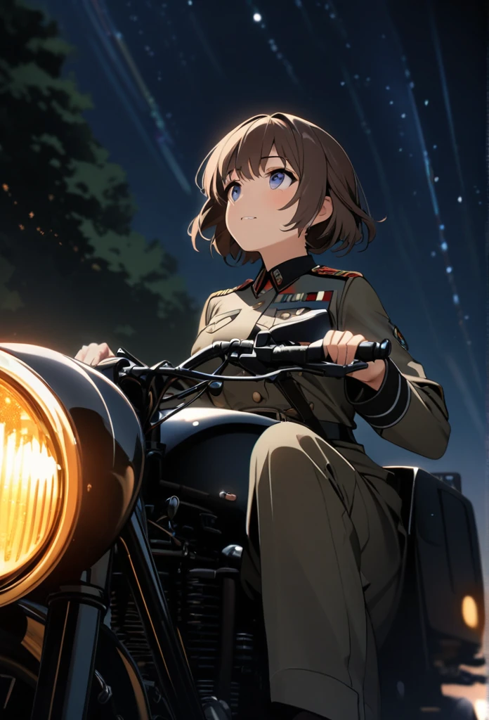 High quality, high definition images, full HD、8k.1 girl solo.old german military uniform,short hair,wear a german military helmet,chestnut hair,
drive a old military motorcycle,
Running along the night road with a light on,The night sky is full of stars,Looking up at the night sky, a large amount of stars flowing,View from below


