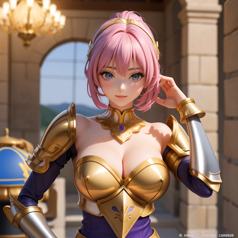 une femme, 25 ans, manga, cheveux longs, cheveux de couleur violette, armure d'or, brume, esprits entourant le personnage, Highly detailed armor, gravures, armure du cancer, saint seiya, zodiaque, cosmos, cancer, crabe, casque avec des pattes de crabe, chevalier du zodiaque, dans un Grèce antique, temple antique, dans la brume, avec des feu follets, sexy