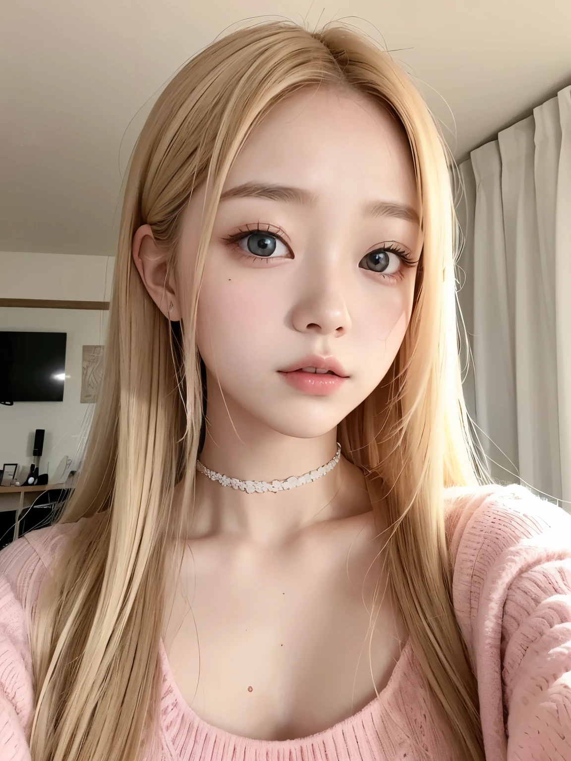 A young girl with very light blonde hair and pretty 20 years old, con cara de Wonyoung, Jang Wonyoung, estilo femenino y lindo, prendas rosadas, ballet. Chica japonesa, very tender asian girl with pale skin, ojos grandes, ella tiene el cabello muy largo, su rostro es bonito, se parece a Jang Wonyoung de ive, es Wonyoung.