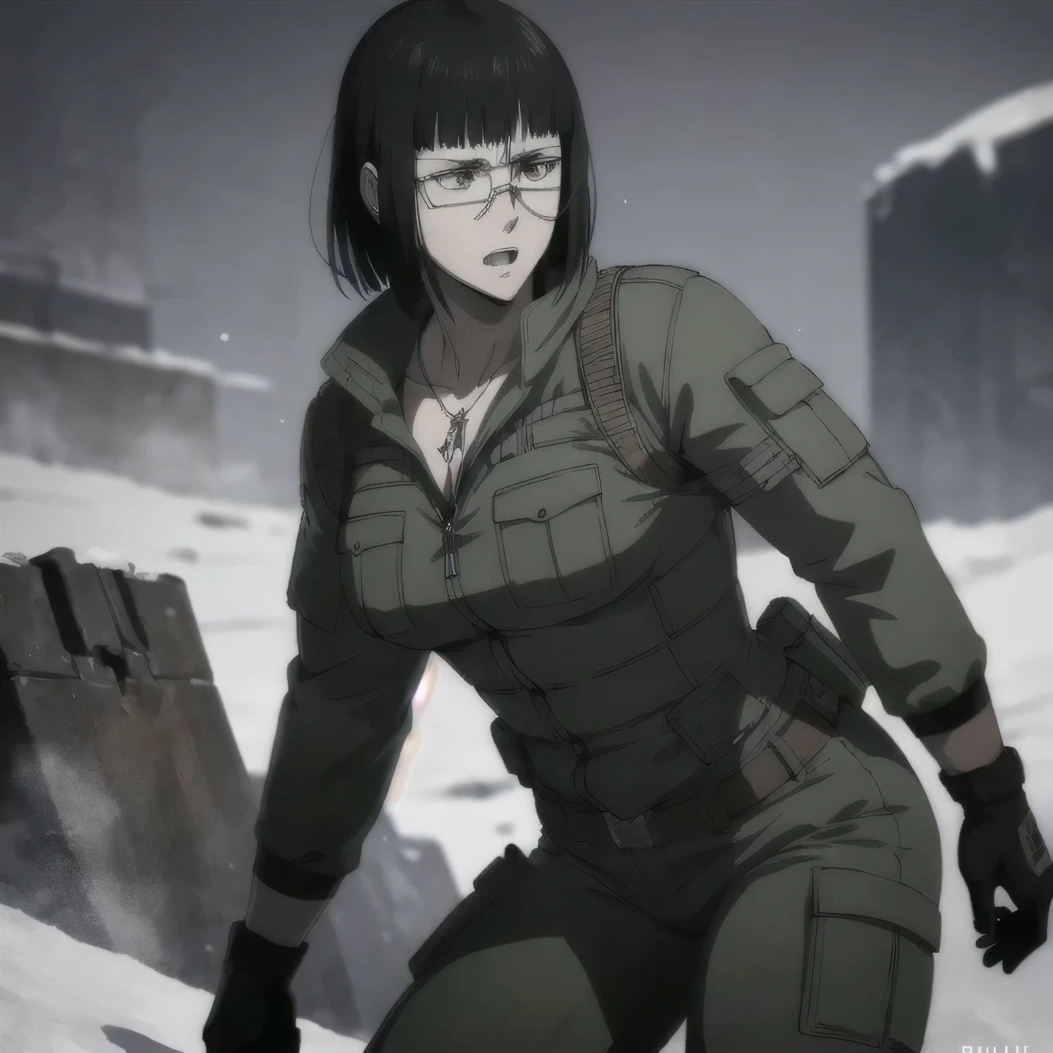 (best quality,ultra-detailed,realistic:1.37),musclaur badass girl wearing Winter jacket and undershirt and Camouflage combat trousers, full review of the female character's face and body, intense expression, strong and confident posture, studio lighting, vivid colors, physiologically-based rendering, grungy texture, rugged background, dust particles in the air, commanding presence, professional, powerful, gritty aesthetics,,Valmet،short hair,necklace,Erect penis inside combat trousers