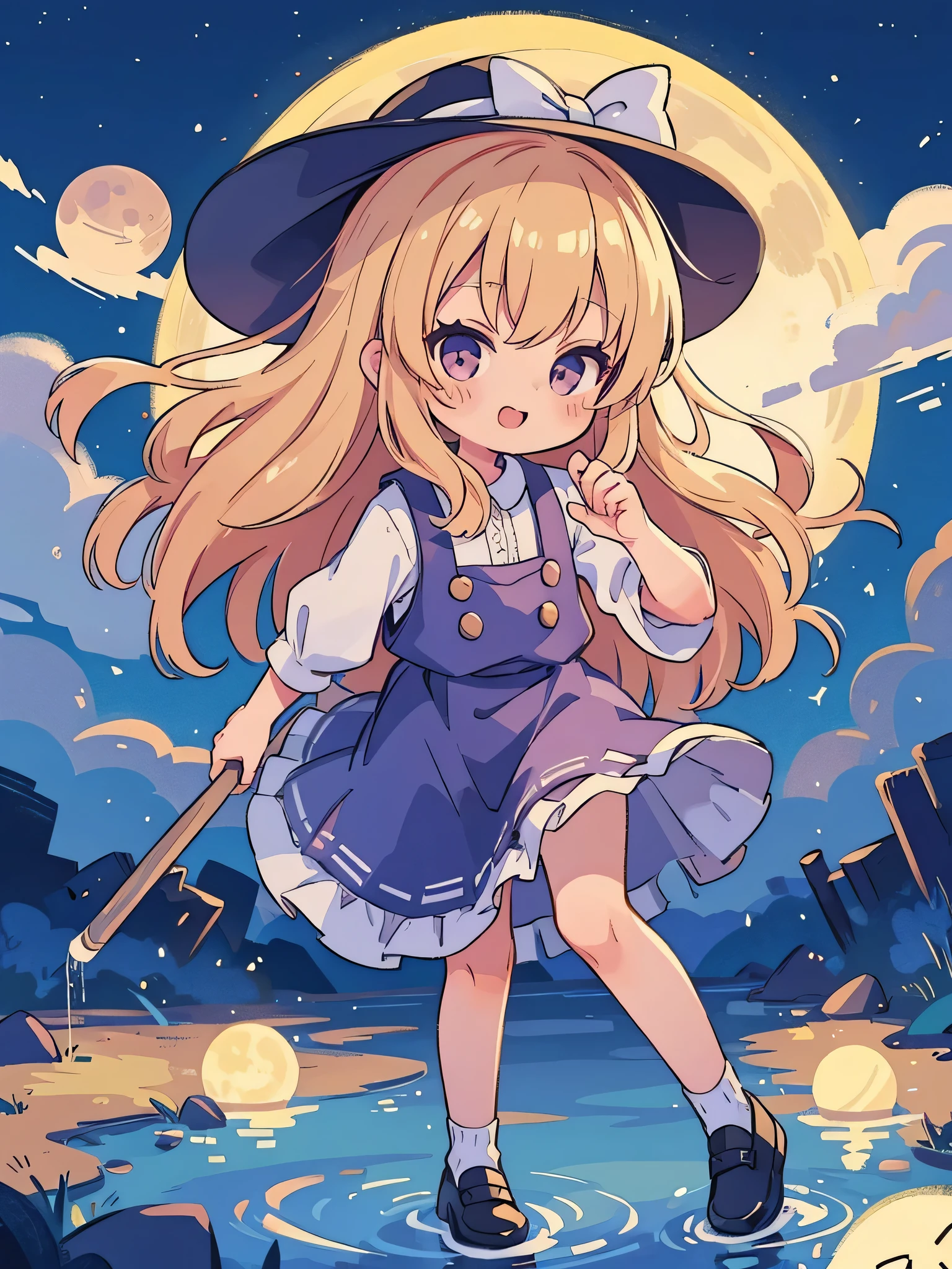 super high quality　Super high quality　masterpiece　Kirisame Marisa　Cute face　full moon　night　one person