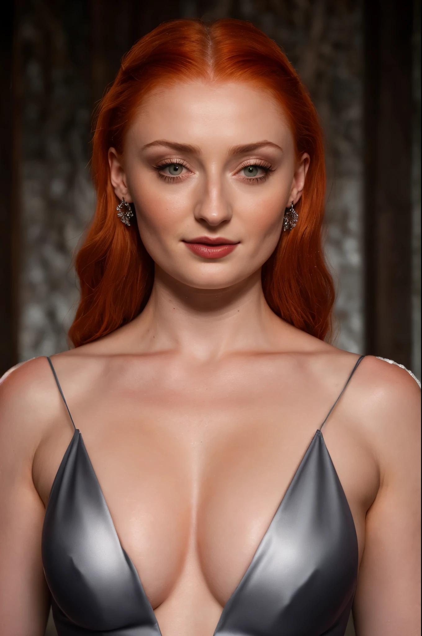 Face of Sophie Turner, Sansa Stark played by Sophie Turner, the de facto Lady of the Eyrie, is a 40-year-old mature queen with a stunning, alluring appearance. Full Face, pierced eyes, reddish lips, upper body shot, erotic Mediaeval costumes, game of thrones costumes, She wears a Game of Thrones-inspired costume and has a deep cleavage, a perfect thick body, and a perfect thick figure. The photograph captures her in a close-up, with her skin texture and facial features being ultra-realistic and realistic. Juicy thick figure, high quality skin, Skin pores, amazing details, snow, snow flakes, semi realistic, extremely detailed eyes, dark moody orange and black settings, cool environment, artificial intelligence, winter, winter scene, 