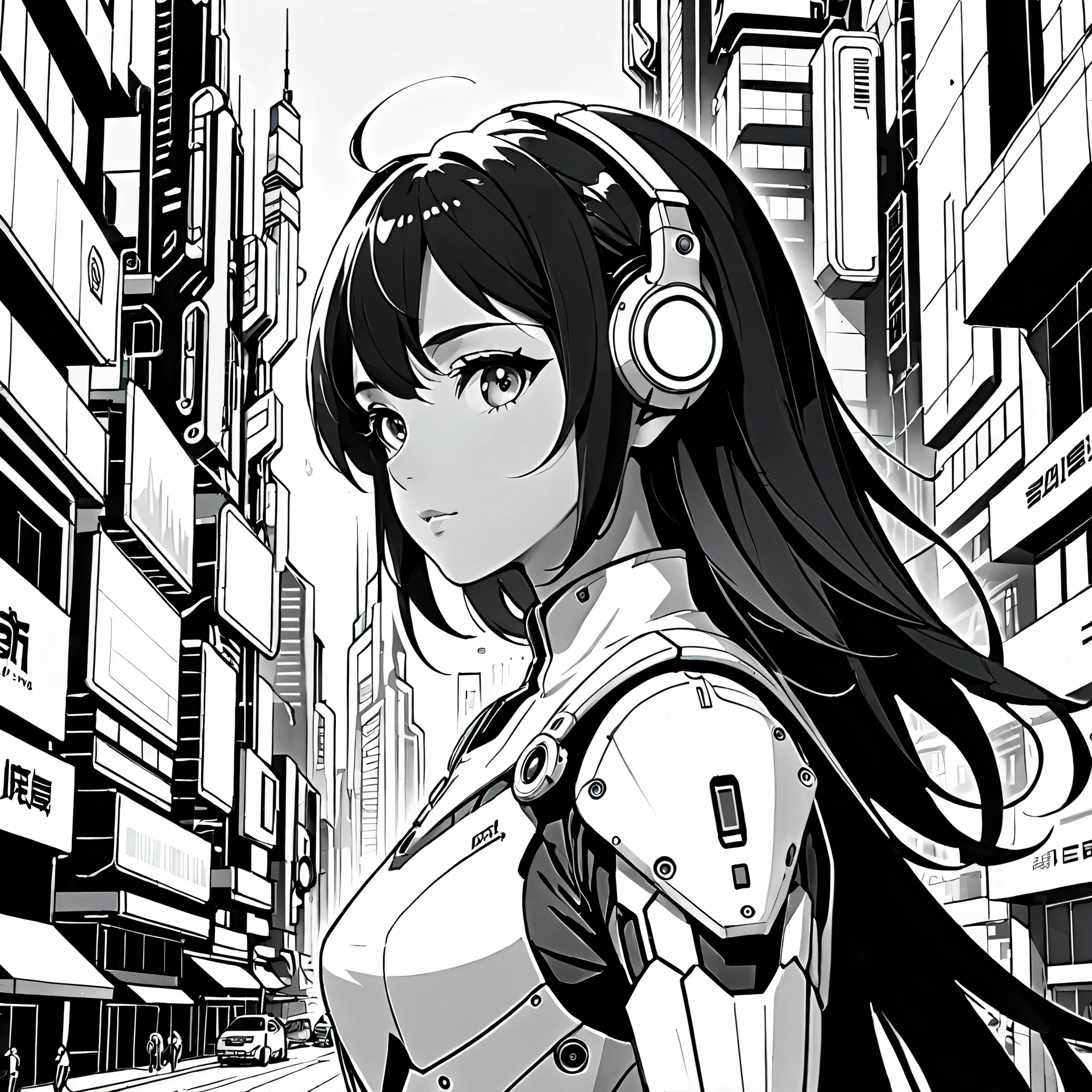 ((best quality)), ((masterpiece)), (detailed), perfect face,Black and White,lineart,student,monochrome,line,(advanced_technology_future:1.0), (futuristic_cityscape:1.0), (robots:0.5), (highres:1.0),Background only