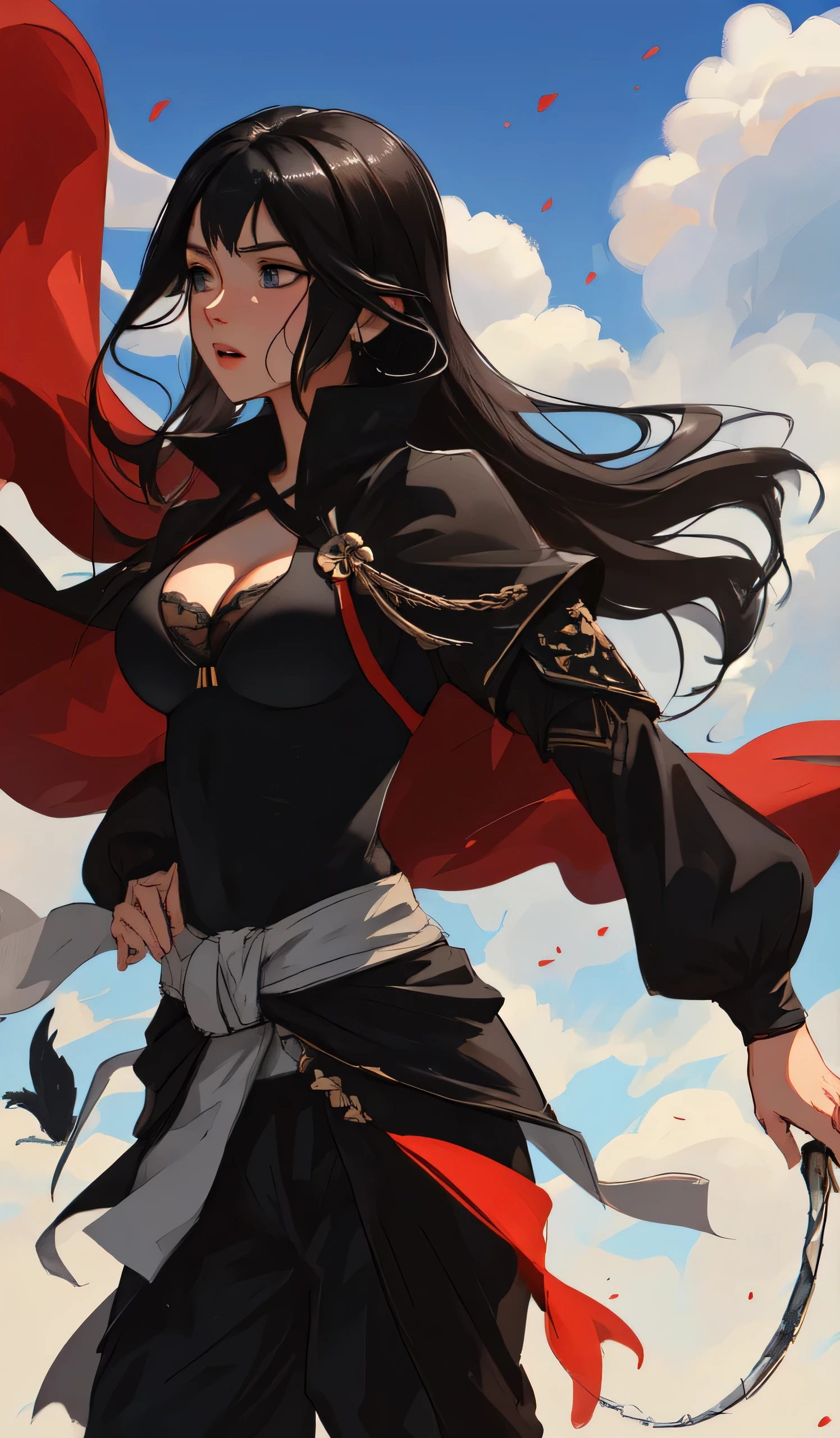 (best quality,4k,highres,masterpiece:1.2), ultra-detailed, photorealistic, Extremely detailed anime rhajat from fire emblem fates, black hair, grey eyes, black mid-drift shirt, baggy black pants, black coat tied around her waist, cleavage, large breasts, vivid colors, dynamic lighting, anime aesthetic, in the style of M_Alexa.