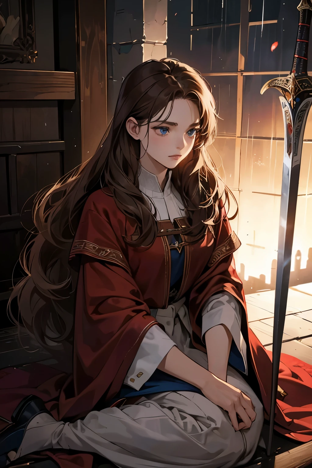 High quality masterpiece, super detailed, super emotion detailed, castle, cold colours dramatic lighting, movie scene, anime style, perfect face, clean eyes, Middle Ages, clean emotions, full body! A young woman with brown curly hair, in red expensive robe, with blue eyes, She is a holy knight, she has sword,  long hair,  she is so cool. super quality, 4K, clean eyes, super quality ever! detailed emotions! dark fantasy!, middle ages! dark atmosphere, she is sad, raining