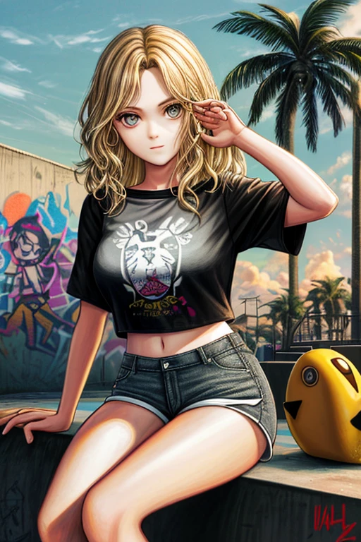 Drawing Made with Charcoal Pencil, 4k, seductive 30-year-old woman with short wavy blonde hair, hazel eyes, small breasts, model's body, wearing a white blouse with a colorful print, hazelnut shorts, posing sitting on a ladder with graffiti , trunk, concrete staircase background with graffiti in a skate park, palm trees, deep in the field, dutch angle, afternoon light, evening, sunset, angles