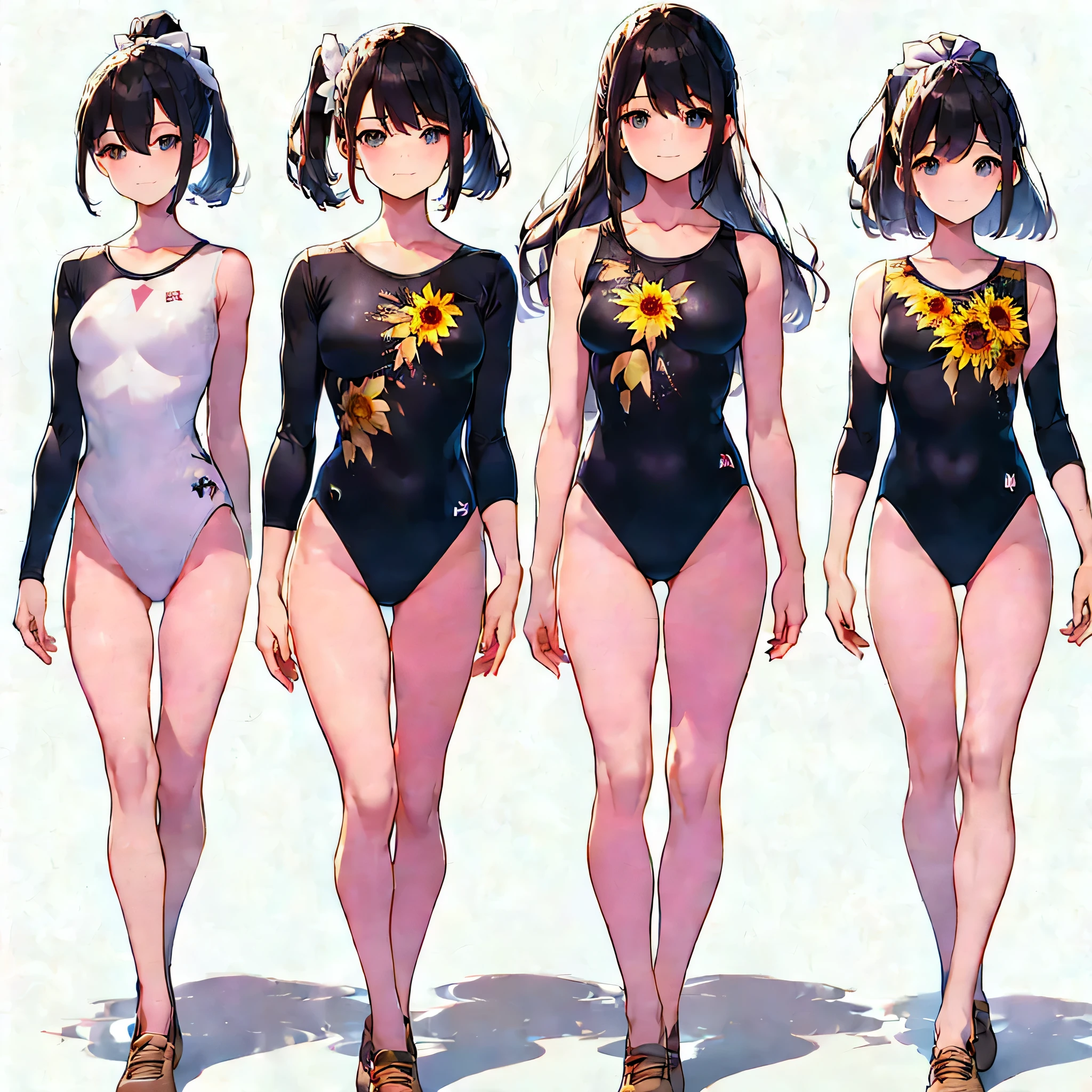 ((full body)),(masterpiece, best quality), (2 girls1.5) ,((Contrapposto:1.5)), looking at viewer, walking,((v_arms:1.2)), （wearing gymnastics_longsleeves_leotard_outfit leotard:1.3),(simple leotard:1.3),(black print leotard:1.3) , (sunflower print:1.3),BREAK masterpiece black hair, ((long hair:1.2)), ((parted bangs:1.3)), black eyes, good hand, ((small breasts)), (over 20 years old, under 25 years old:1.2), , spotlight, happy, smile, BREAK white background