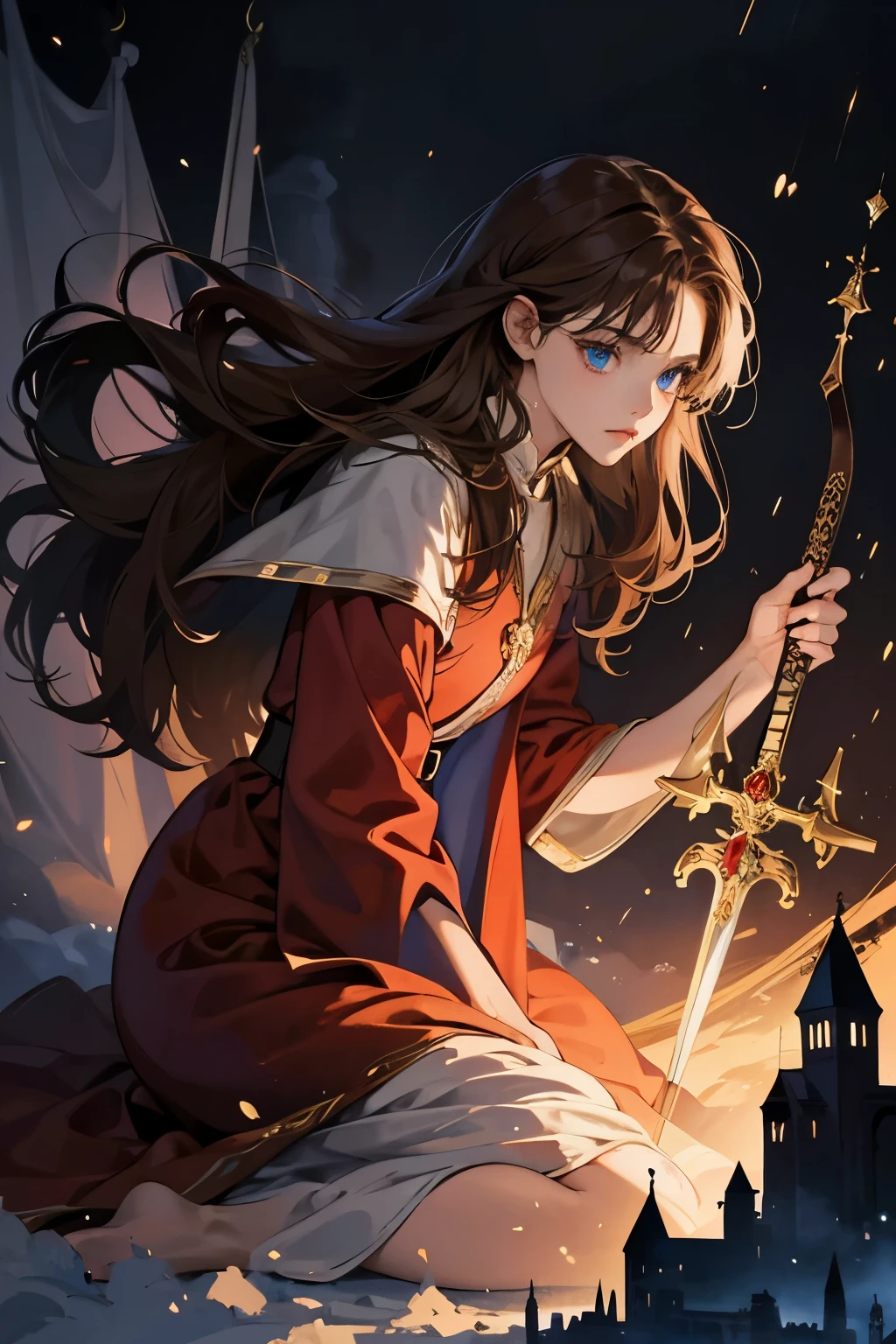 High quality masterpiece, super detailed, super emotion detailed, castle, cold colours dramatic lighting, movie scene, anime style, perfect face, clean eyes, Middle Ages, clean emotions, full body! A young woman with brown curly hair, in red expensive robe, with blue eyes, She is a holy knight, she has sword,  long hair,  she is so cool. super quality, 4K, clean eyes, super quality ever! detailed emotions! dark fantasy!, middle ages! dark atmosphere, she is sad, raining