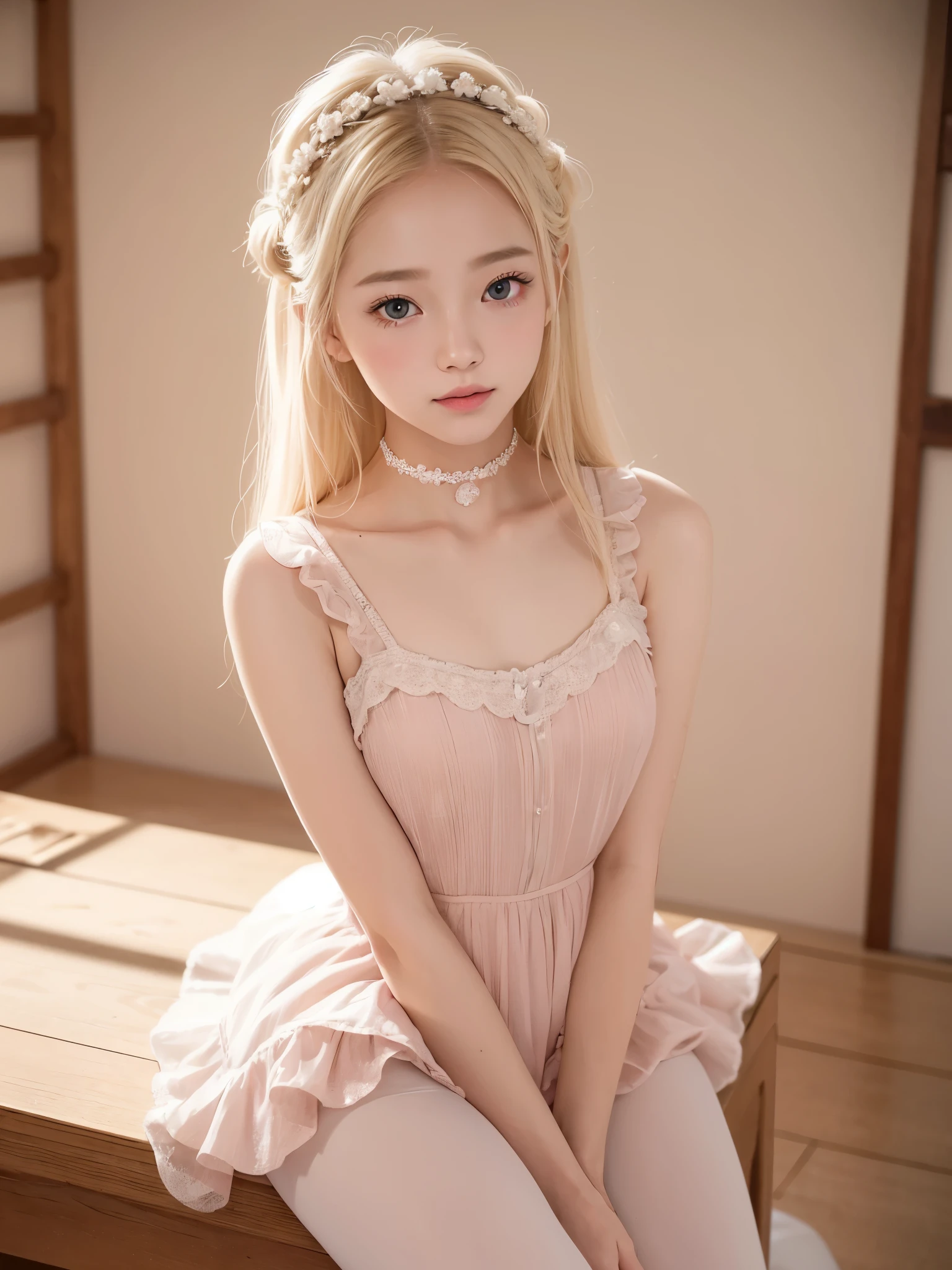 A young girl with very light blonde hair and pretty 20 years old, con cara de Wonyoung, Jang Wonyoung, estilo femenino y lindo, prendas rosadas, ballet. Chica japonesa, very tender asian girl with pale skin, ojos grandes, ella tiene el cabello muy largo, su rostro es bonito.