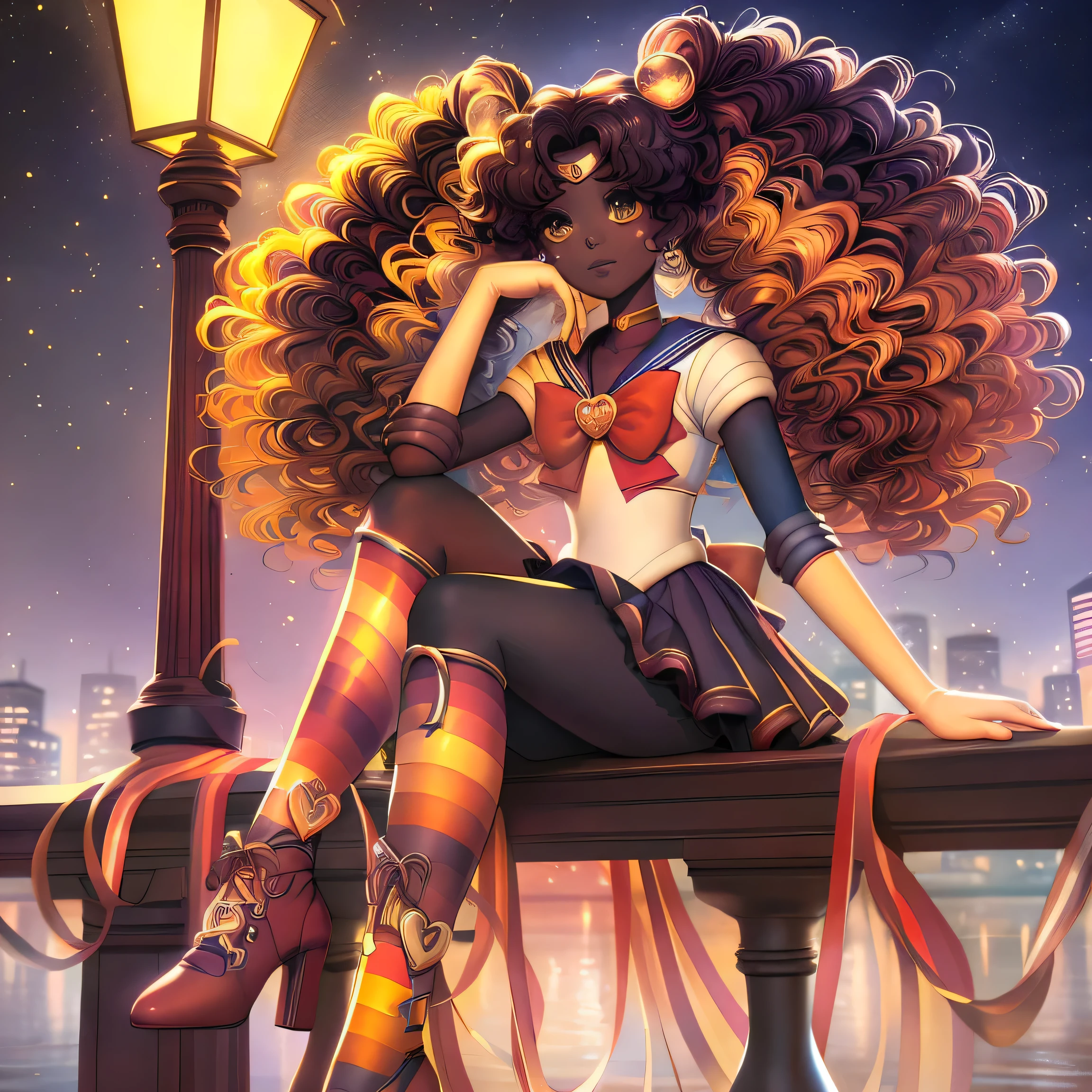 sailor girl sitting on a bench in front of a city at night, jen bartel, the sailor moon. beautiful, beautiful anime art style, sailor moon style, inspired by Sailor Moon, the sailor galaxia. beautiful, extremely detailed artgerm, loish art style, artgerm and lois van baarle, detailed fanart, sailor moon!!!!!!!! she has dreadlock hairstyle resize image to 1440x3088 resolution