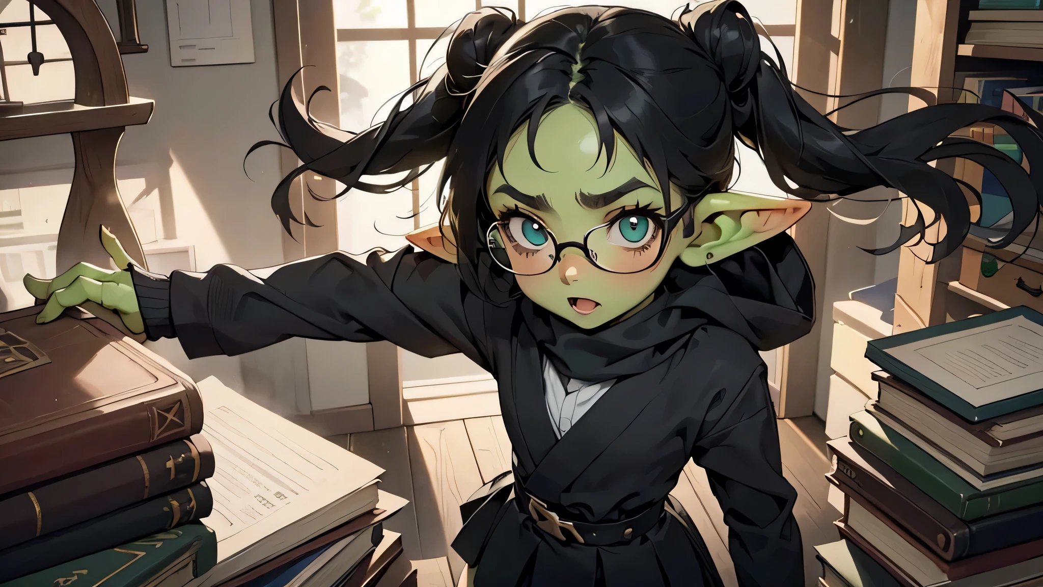 Best god quality, detailed, perfect anatomy, little goblin girl, school girl, shy, curious, books, studious, student, academia, pointy ears, long ears, green skin, she has black hair, glasses, bookish, carrying books, low angle, cute, big green eyes, looking at camera, black hair buns, black hair, green goblin, university interior, indoors, looking up, black twin buns, cute, adorable, Japanese, solo, emerald eyes, knee socks, scarf, magical, robe, black clothes, shirt, clothed, buttoned shirt, socks, black hair, young, goblin, cute goblin, goblin girl, female goblin, standing, looking upward, thigh highs, black socks, curious, excited, (((SOLO))), (girl in middle)