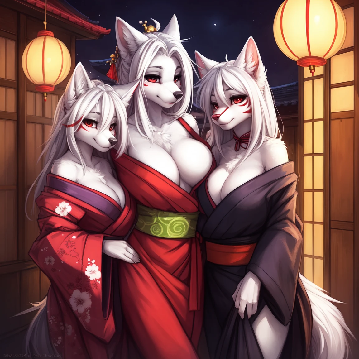 by kenket, Ross Tran, ruan jia, zaush, foxovh, by Zackary911, by hyattlen, by teranen, by fumiko, by Pixelsketcher, by fluff-kevlar, bye r-mk, by Dimwitdog, Furry, Anthro, ((mother and daughters)), ((luxurious off-shoulder kimono), female white fox with red markings, kemono, long (elegant) white hair, hourglass body, revealing outfit, seductive, (undressing), alluring eyes, looking at viewer, red markings on body, white fur, traditional japanese, magic fantasy, white fur), BREAK, First Daughter: ((oiran), (luxurious kimono), (((medium breasts))), slight cleavage, young girl, cute, (elegant) white hair, innocent expression, small, ((groping her mothers breasts)), slender, (young)), BREAK, Second Daughter: ((oiran), (((small breasts))), young girl, cute, (elegant) white hair, innocent expression, ((groping her mothers breasts)), small, slender, (young)),BREAK, Mother: ((geisha), (prostitute), (luxurious off-shoulder kimono), female white fox with red markings, kemono, (((huge breasts))), long (elegant) white hair, hourglass body, revealing outfit, seductive, (undressing), alluring eyes, looking at viewer, red markings on body, white fur, traditional japanese, magic fantasy, white fur, wearing lipstick, (mature), voluptuous, curvy, milf, (tall), curvy), BREAK, nighttime, (((3 anthro women))), (((3 people))), ((multiple people)), (mother and her two daughters), (height difference), daughters are shorter than their mother, (age difference), (mother is taller than her daughters), (both daughters have small breasts), the mother has huge breasts, different height, different breast sizes, 3 females, (the mother is taller than her daughters), japanese, (mother in the middle of two daughters),outdoors, japanese fantasy red light district, dark, (red light from red paper lanterns), raytracing, atmospheric lighting, ((black eyeshadow)), (((the mother has both breasts grabed by her daughters))),