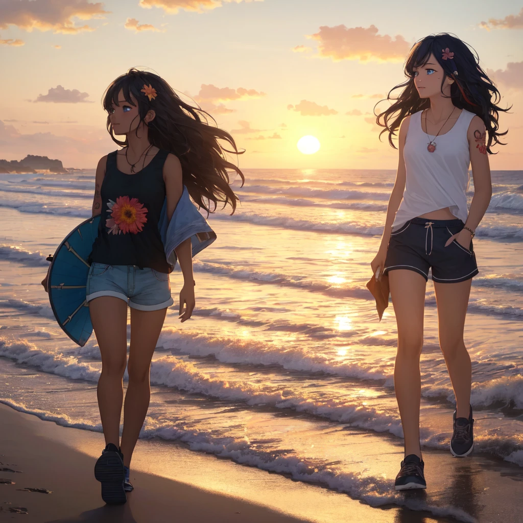 (masterpiece, best quality, ultra detailed, ultra high resolusion, highres,8k:1.4), BREAK,(from side:1.2),(full body:1.5), 20_years_old, 1giri walking, (the-edge-of-the-waves:1.3), smile, beach, (looking away:1.7), (dark_skin:1.2),(tribal_tatoo:1.2),(wavy hairs),(messy hair),(asymmetry bangs),(multicolored hair),
Tsurime Eyes, (((blue eyes))),
((flower hair ornament)),(shortpants,tanktop:1.4), (sunrise:1.3), morning,