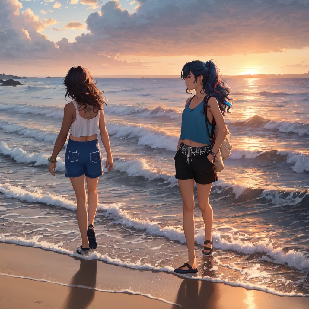 alone in the universe, Paint in watercolor style, Photorealism, discreet golden and ruby and mint shades, two (nudes) gentle, modest thin girls of with tender nipples walk barefoot in the distance along the coast