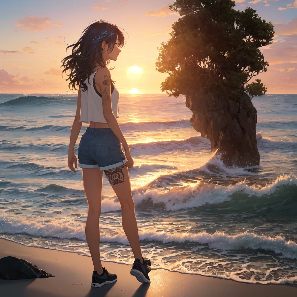 (masterpiece, best quality, ultra detailed, ultra high resolusion, highres,8k:1.4), BREAK,(from side:1.2),(full body:1.5),  20_years_old, 1giri walking,  (the-edge-of-the-waves:1.3), smile, beach, (looking away:1.7), (dark_skin:1.2),(tribal_tatoo:1.2),(wavy hairs),(messy hair),(asymmetry bangs),(multicolored hair), 
Tsurime Eyes, (((blue eyes))),
((flower hair ornament)),(shortpants,tanktop:1.4), (sunrise:1.3), morning, 