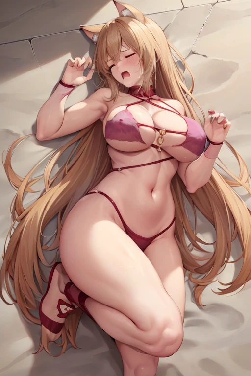 masterpiece, best quality, beautiful art, high resolution, well formed hands, body and fingers, 1 woman, solo, Tyris Flare, wolf ears and wolf tail, adult, hair ornament, big breasted, cleavage, full body, long hair, wearing a Dangerous Beast outfit, sexy and skimpy bikini, gorgeous legs and thighs, ryona , in peril, she is being beaten up by her opponent, she is knocked down and slapped in the face and being slammed against the floor, receiving the impact of her opponent's attacks, closed eyes, screaming in pain and agony, ryona and perilous scene, bouncing breasts, weak and helpless, martial arts tournament on the beach