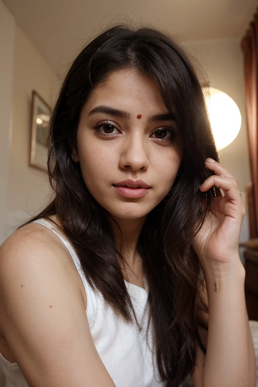 South indian character with round face, big eyes, long nose, pink lips, long hair, age 22