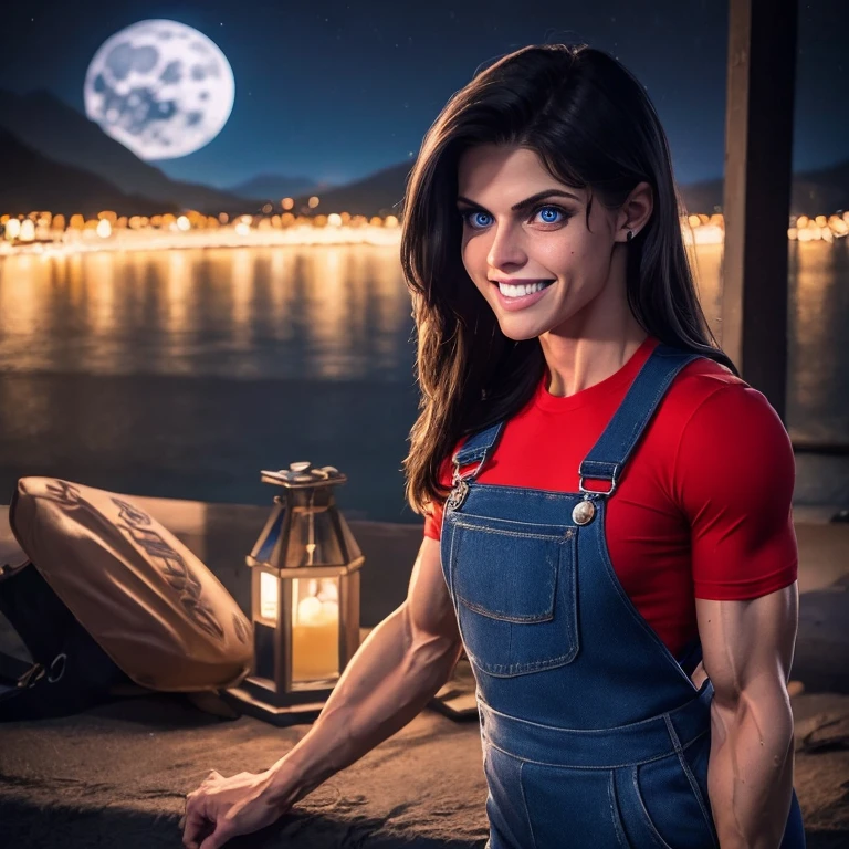 IFBB female bodybuilder Alexandra Daddario with bodybuilder veins, 1girl, sxfrances, long hair, black hair, blue eyes, freckles, smile, red overalls, blue shirt, roll up sleeve, mountain, moon, (night:1.5), looking at viewer