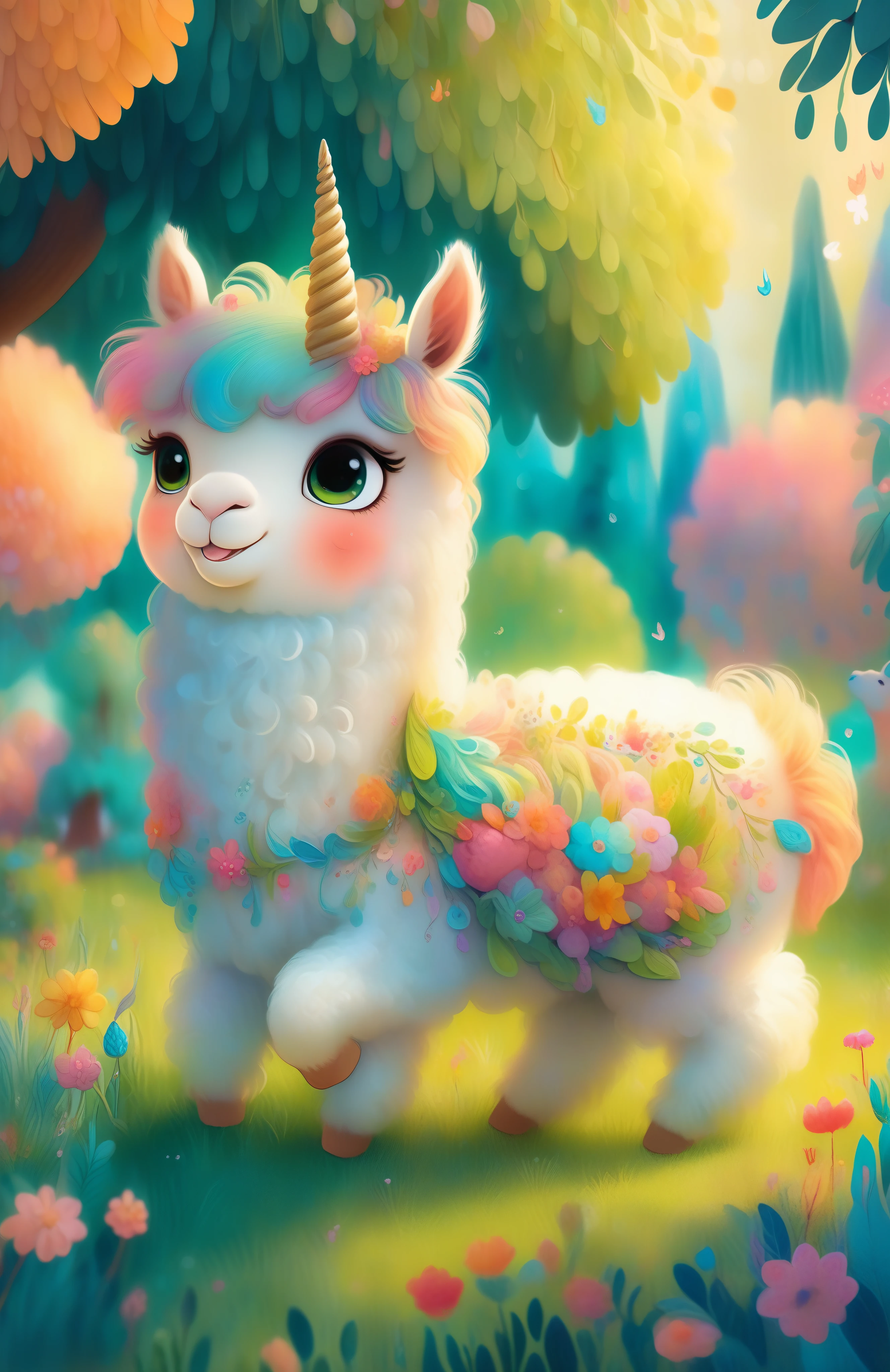 a girl with a playful smile, a cute and fluffy unicorn horse in a beautiful garden, soft sunlight streaming through the trees, vibrant flowers blooming in full color, lush green grass stretching endlessly, a gentle breeze rustling the leaves, the alpaca's warm and expressive eyes, the girl gently brushing the alpaca's soft fur, capturing the innocence and joy of their companionship, a whimsical touch of surrealism in the background, creating a dreamlike atmosphere, the artwork rendered in a mesmerizing mixture of illustrations and photorealistic painting techniques, showcasing the alpaca's intricate details, every strand of fur and every leaf rendered with utmost precision, vibrant colors that come to life, bringing the scene to a vivid reality, the composition bathed in warm and golden tones, creating a cozy and inviting atmosphere, the lighting casting beautiful shadows and highlights, adding depth and dimension to the artwork. (best quality,4k,8k,highres,masterpiece:1.2),ultra-detailed, (realistic,photorealistic,photo-realistic:1.37), HDR, UHD, studio lighting, ultra-fine painting, sharp focus, physically-based rendering, extreme detail description, professional, vivid colors, bokeh, portraits, landscape, fantasy, dream-like, warmth and coziness, golden tones, whimsical surrealism.