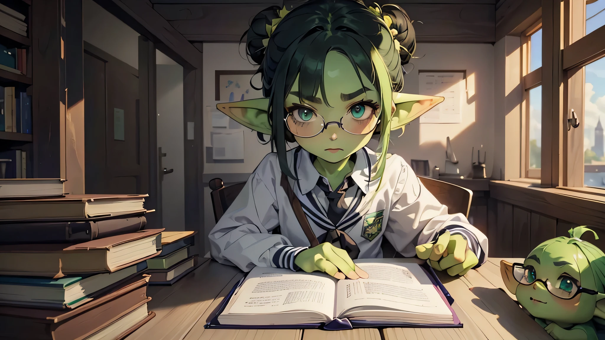 best god quality, Ultra-detailed, perfect Anatomy, ( draw a little goblin girl with green skin, with an curious expression and a shy expression, 1 girl, is a shy goblin student, dressed in highschool girl outfit, green eyes, the goblin is wearing glasses, she is holding books, she is standing, she has black hair, hair is tied up in a bun, hair is black, (((SOLO))), a magical academy in the background, Best lighting by professional AI, an academy, looking at viewer, (((One girl in middle)))