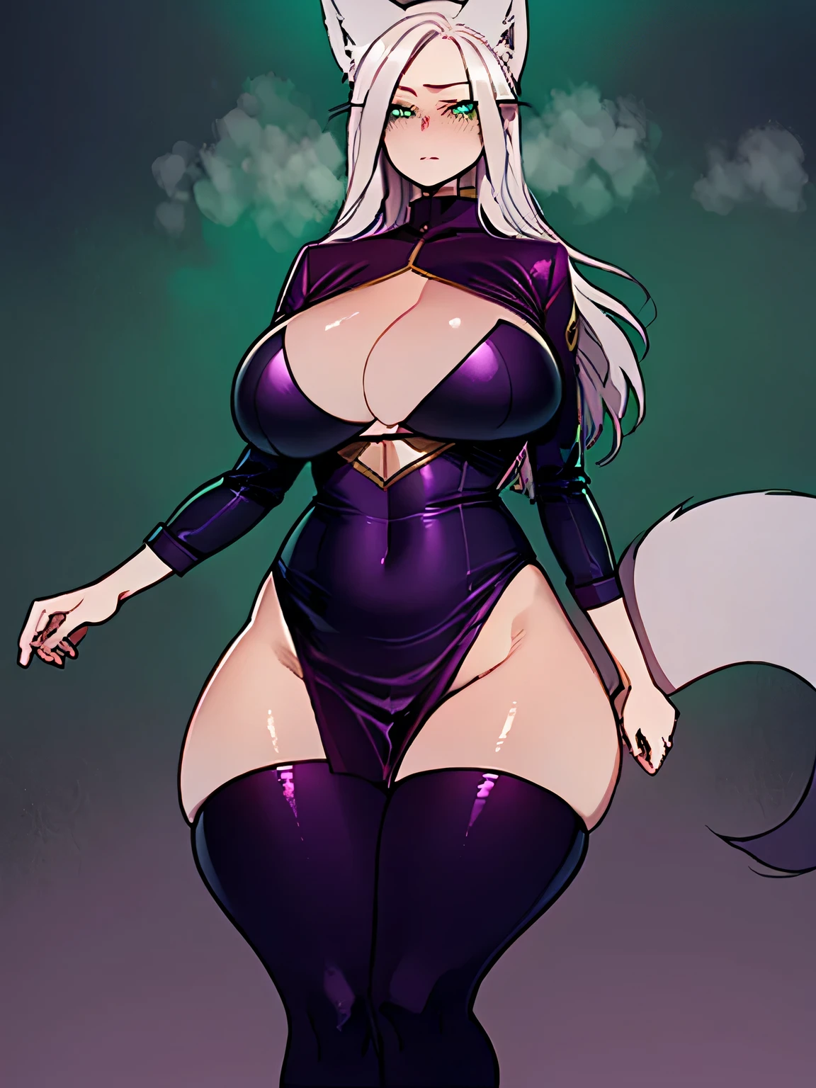 A 27 year old woman, solo, one girl, incredibly long hair, wine dark purple hair, emerald green eyes, plus-size body, curvy body, seductive clothes, huge fox ears, no human ears, many fox tails, large breasts, thick thighs, wide hips