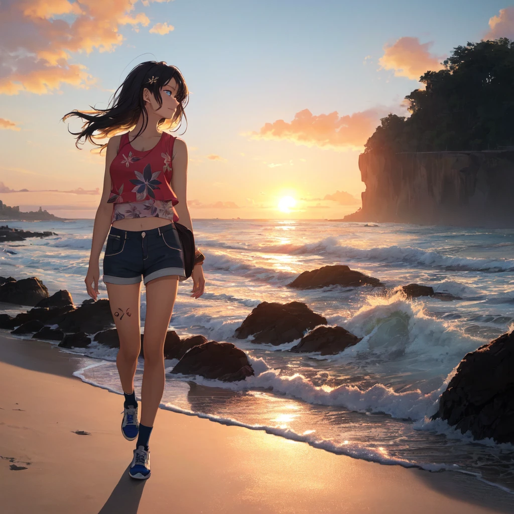 (masterpiece, best quality, ultra detailed, ultra high resolusion, highres,8k:1.4), BREAK,(from side:1.2),(full body:1.5),  20_years_old, 1giri walking,  solo, (the-edge-of-the-waves:1.3), smile, beach, (looking away:1.7), (dark_skin:1.2),(tribal_tatoo:1.2),(wavy hairs),(messy hair),(asymmetry bangs),(multicolored hair), 
Tsurime Eyes, (((blue eyes))),
((flower hair ornament)),(shortpants,tanktop:1.4), (sunrise:1.3), morning, 