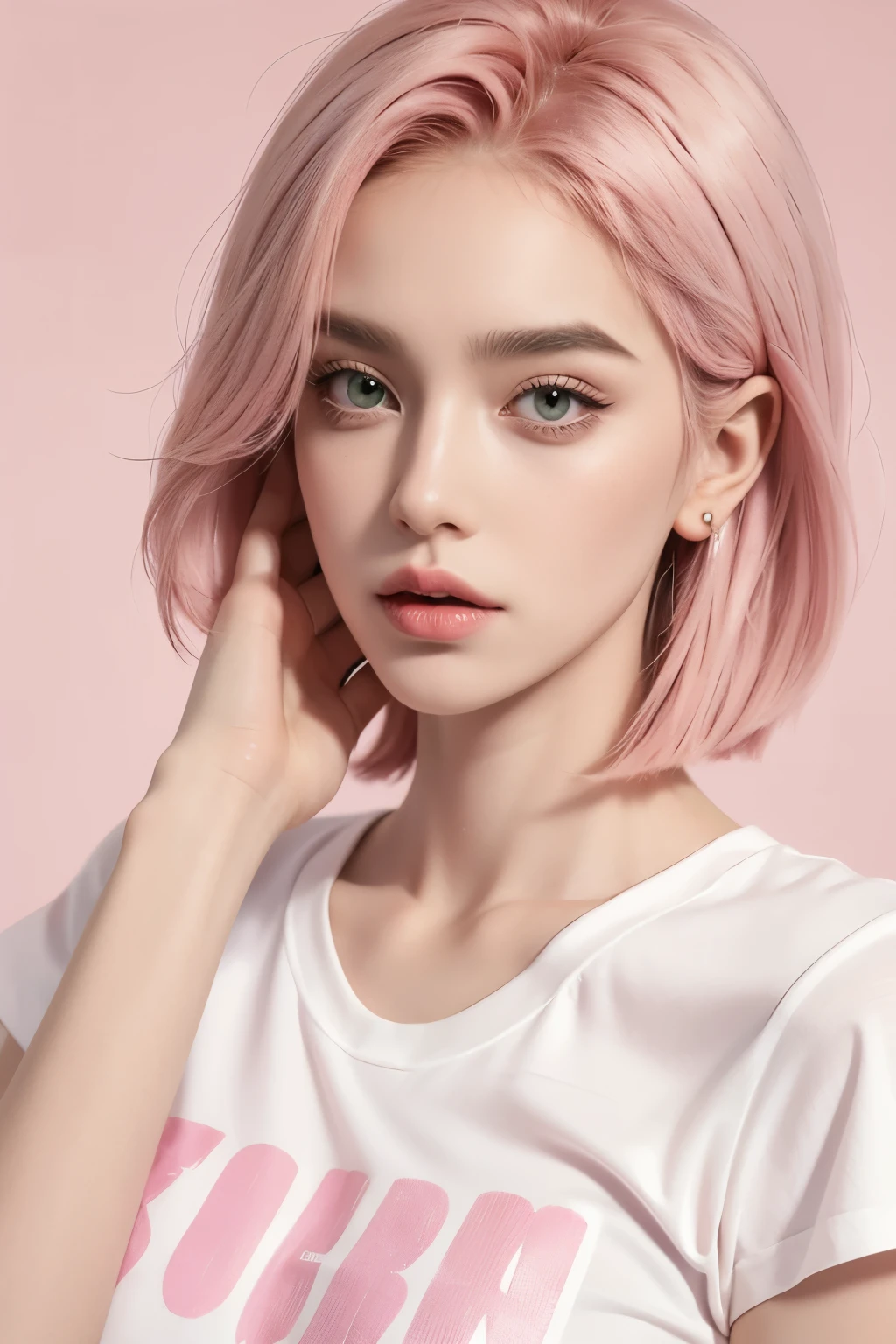 Girl, pink hair, green eyes, sharp features, white skin, pink lips, t-shirt sleeves