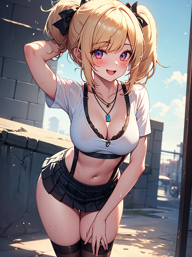 (highest quality, High resolution, perfect pixel, Depth of bounds written, 4K), detailed eyes, (1 girl), perfect body, medium breasts, blond hair, (side ponytail), white t-shirt, see through, blue bra, (v-neck), (black suspender skirt), necklace, (kneehighs), bellybutton, (standing), leaning forward, (arm behind head:1.2), (arms behind back:1.2), (looking up), blush, seductive smile, open mouth, wet,
