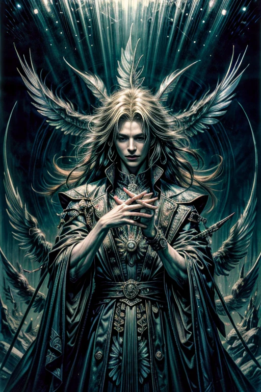 best quality,4k,8k,highres,masterpiece:1.2,ultra-detailed,realistic:1.37,HDR,UHD,ultra-fine painting,sharp focus,wide angle shot,(dynamic pose),more_details:1.5,(A sandman, the God of dreams, inside his dreamlike palace, in the ethereal realm of dreams, surrounded by the mystical and ghostly dimensions.), (He is manipulating magical dust and spectral plasma, creating illusions that transcend reality.), (His appearance features pale skin and wide, mesmerizing eyes.), (he is wearing a mantle made of feathers sewn together:1.5), (The artwork is inspired by a sci-fi aesthetic, with a dreamlike atmosphere reminiscent of Yoshitaka Amano's unique style.), (ghostly figures can be seen wandering in the background), (The colors are vivid and surreal, with a focus on mysterious lighting and rich hues.), (The image quality is of the highest standard, with an ultra-detailed and sharp focus to capture every intricate detail.), (The overall result is a masterpiece, showcasing the artist's skill in creating a mesmerizing portrayal of the Sandman and the dream realm.), sci-fi, illusionism