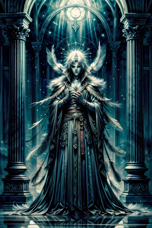 best quality,4k,8k,highres,masterpiece:1.2,ultra-detailed,realistic:1.37,HDR,UHD,ultra-fine painting,sharp focus,wide angle shot,(dynamic pose),more_details:1.5,(A sandman, the God of dreams, inside his dreamlike palace, in the ethereal realm of dreams, surrounded by the mystical and ghostly dimensions.), (He is manipulating magical dust and spectral plasma, creating illusions that transcend reality.), (His appearance features pale skin and wide, mesmerizing eyes.), (he is wearing a mantle made of feathers sewn together:1.5), (The artwork is inspired by a sci-fi aesthetic, with a dreamlike atmosphere reminiscent of Yoshitaka Amano's unique style.), (ghostly figures can be seen wandering in the background), (The colors are vivid and surreal, with a focus on mysterious lighting and rich hues.), (The image quality is of the highest standard, with an ultra-detailed and sharp focus to capture every intricate detail.), (The overall result is a masterpiece, showcasing the artist's skill in creating a mesmerizing portrayal of the Sandman and the dream realm.), sci-fi, illusionism