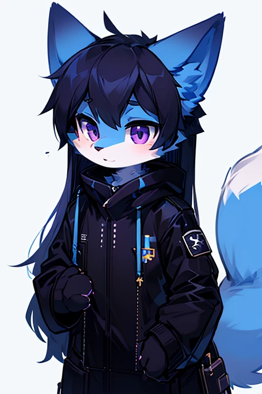 1 girl, anthropomorfic fox, anthro, fox, blue fur, blue boddy, white details, purple eyes, e621, black clothage, black ears, black  paws, blue hair, long hair, cute, chibi, holding two revolvers.