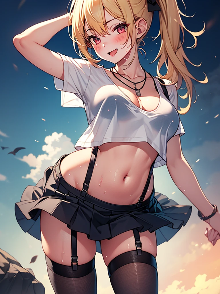  (highest quality, High resolution, perfect pixel, Depth of bounds written, 4K), detailed eyes, (1 girl), perfect body, medium breasts, blond hair, (side ponytail), white t-shirt, see through, blue bra, (v-neck), (black suspender skirt), necklace, (kneehighs), bellybutton, (standing), leaning forward, (arm behind head:1.2), (arms behind back:1.2), (looking up), blush, seductive smile, open mouth, wet,