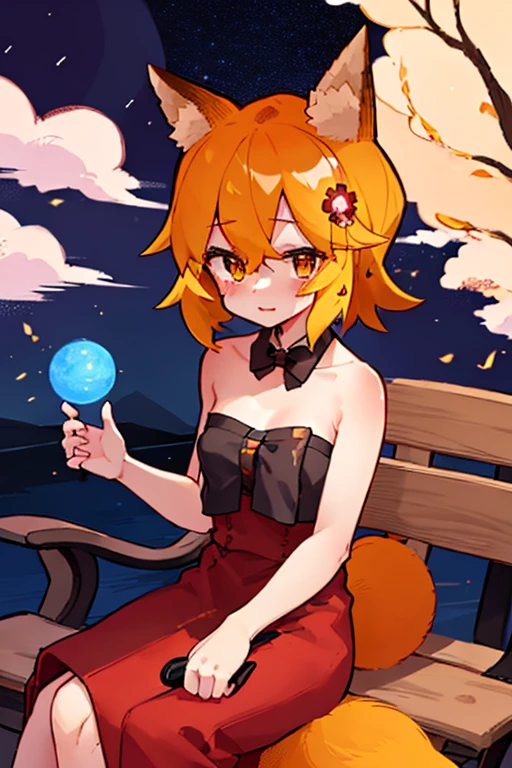 masterpiece, best quality, highly detailed, sen, animal ears, fox ears, fox girl, fox tail, hair flower, hair ornament, orange eyes, orange hair, short hair, tail, blush, looking at viewer, , girl, small breasts, detailed hands, keqing (opulent splendor) (genshin impact), official alternate costume, dress, night, strapless dress, looking at viewer, cleavage, black dress, strapless, bare shoulders, bangs, bow, detached collar, ribbon, double bun, two-tone dress, hair ornament, black bow, hair ribbon, blue dress, bowtie, sitting on bench