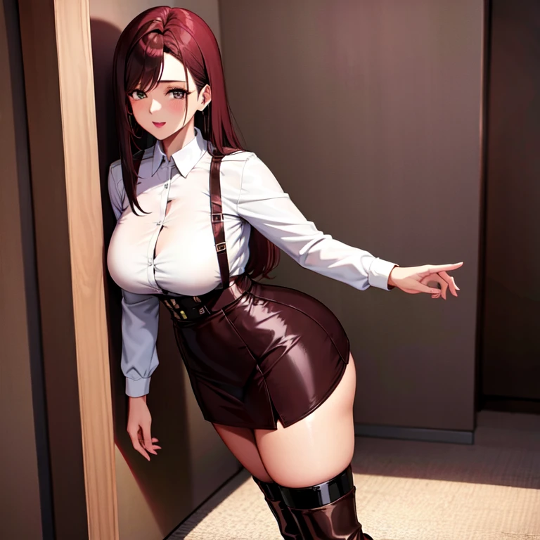 mulher 40 anos , sedutora, cabelos longos e castanhos, in burgundy latex skirt and boots, STANDING, de lado, morena com mecha de cabelo branca... muito sedutora e curvilinea... gostosa