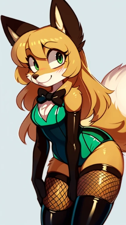 Nervous smiling, uploaded the e621, beautiful and detailed, woman (((female))) ((anthro)) Fox, (Averi, Fox girl), by waspsalad, by phluks, by zero-sum, cinematic lighting, Fox, (anthro, fluffy fur, character focus:1.1), 1girl, anthro fox girl, body fur, curvy, sexy, nice, cute, hot, comfortable anime-style cartoon-style, digital drawing, (half-closed eyes), green eyes, green leotard (latex leotard), latex stockings (green stockings), bowtie wristband, (Playboy Bunny suit, Fishnet pantyhose), bowtie, bent over