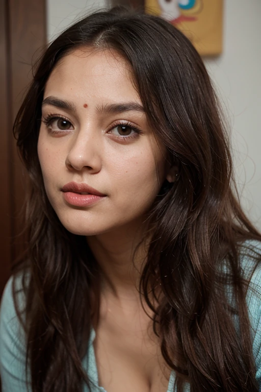 South indian character with round face, big eyes, long nose, pink lips, long hair, age 22