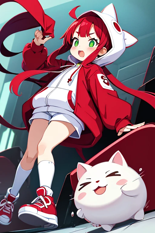young baby face squishy cheeks shy slanted eyes slightly open mouth red cheeks squishy bangs long flowing hair thin ahoge pale red hair yellow-green eyes white pupils slightly white skin Innerwear shorts baggy cat hoodie leather shoes knee socks shoulder bag stuffed toy